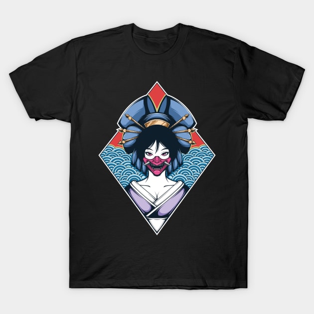 Japanese Geisha Wearing Oni Mask T-Shirt by kim.id